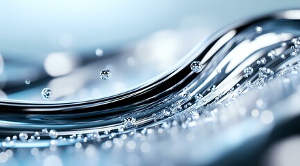 Poster - Dynamic water wave with crystal clear droplets creating elegant curves against light blue background, macro photography showing liquid motion and surface tension.