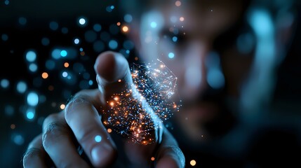 Poster - Magical glowing sparkles and light particles float around fingers in dark atmospheric setting with blue bokeh background creating mystical effect.