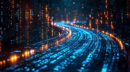 Poster - Glowing blue digital data stream on curved path with binary code and orange light effects against dark background, representing cyber technology flow.