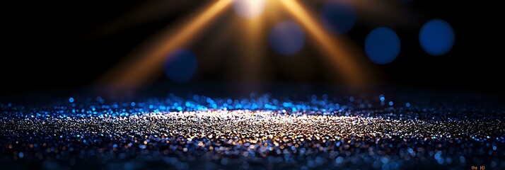 Poster - Glowing blue sparkles scattered on dark surface with bright golden light rays and bokeh effect creating magical atmosphere for festive background.