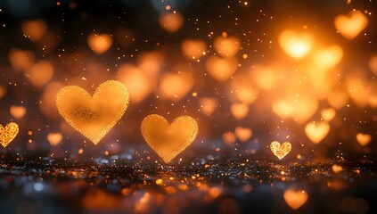 Poster - Glowing golden hearts floating against dark background with bokeh lights and sparkles, creating romantic atmosphere for Valentine's day or wedding designs.