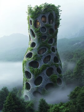 A towering, organic structure entwined with lush vegetation.