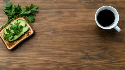  Minimalist breakfast setting with avocado toast garnished with fresh parsley on wooden table and cup of black coffee, copy space on right side.
