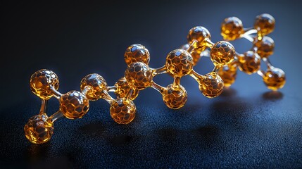 Poster - Glowing amber molecular structure against dark background showcases scientific concept with spherical nodes connected in chain formation for chemistry presentation.