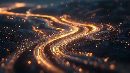Aufkleber - glowing curved lines with golden light trails and bokeh particles creating dynamic movement against 