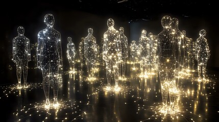 Poster - Glowing luminous human figures standing in darkness, radiating light particles and creating ethereal atmosphere. Artistic visualization of spiritual energy and consciousness.