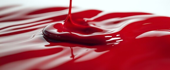 Poster - Vibrant red liquid drips and creates rippling waves on glossy surface with dramatic lighting, showing fluid dynamics in macro photography for cosmetic or food industry.