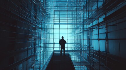 Poster - Silhouette Man Standing on Scaffolding Structure Blue Industrial Building Construction Site Modern Architecture Worker Safety Urban Scene Industrial  