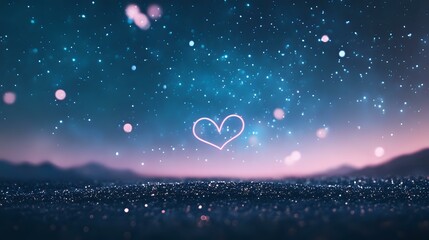 Poster - Glowing heart shape floating in starry night sky with pink bokeh lights and mountain silhouette, romantic dreamy atmosphere for Valentine's Day designs.
