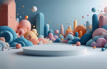 Aufkleber - a pastel abstract background features a white podium surrounded by 3d geometric shapes in soft pink,