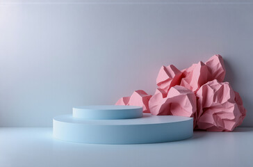 Poster - pastel pink crumpled paper forms a backdrop to a light blue, two-tiered cylindrical display stand ag
