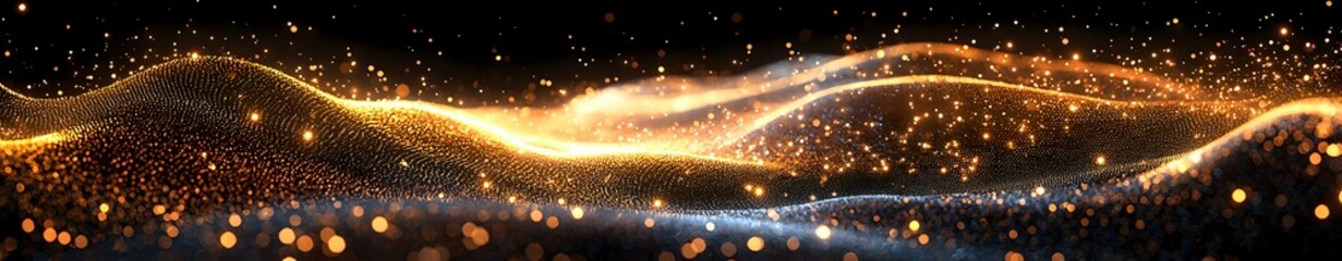 Aufkleber - Magical glowing golden light waves flow across dark background with sparkling particles and bokeh effects creating festive atmosphere.