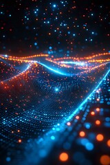 Poster - abstract digital landscape with glowing blue and orange particles forming wave-like structures again