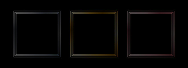 Poster - Metal thin square frame set. Shiny golden and silver foil border collection. Gold glowing geometric boarder bundle in art deco style. Rectangular element pack for photo, cadre, card, emblem. Vector