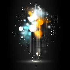 Poster - Abstract digital explosion graphic design.  A vibrant display of light and energy bursts upward, with various colors and shapes.  Geometric shapes and glowing lines form a dynamic composition