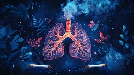 Poster - Glowing anatomical lungs with bronchial tree structure surrounded by blue smoke and floral elements against dark background, medical science concept illustration.