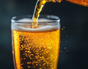 Poster - Pouring golden beer into glass with bubbles and foam on dark background, close up macro shot capturing carbonation and refreshing beverage movement.