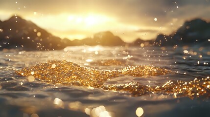 Poster - Magical golden waves with glittering sparkles at sunset create dreamy atmosphere against mountain silhouettes, capturing ethereal light and motion in nature.