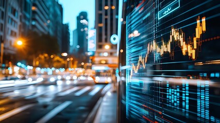 Poster - Financial data visualization and stock market graph overlay on blurred urban night cityscape with traffic lights and skyscrapers. Modern business concept.