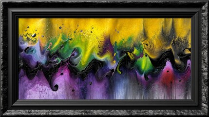 Poster - Abstract Digital Painting with Vibrant Yellow Green Purple and Black Hues in Black Frame