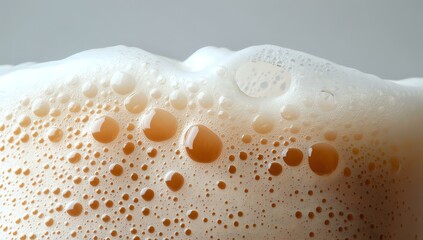Poster - Frothy beer foam with bubbles in macro photography showing detailed texture and natural amber color against light background. Fresh draft beer pour.