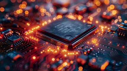Poster - Glowing microchip on circuit board with orange bokeh lights and electronic paths, macro photography showing modern computer processor technology.