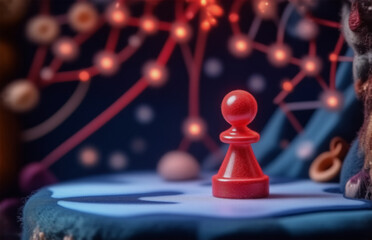 Aufkleber - A lone red chess piece stands on a board. Blurred lights of a network are behind it, hinting at strategic connections and complex planning. The scene has a soft, dreamlike quality.
