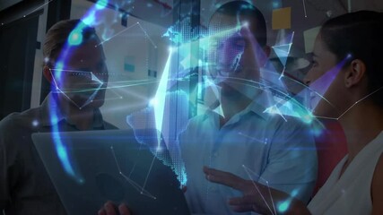 Poster - Three professionals working on laptop in tech office, interacting with holographic network globe
