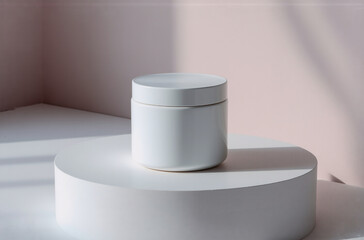 Poster - A minimalist white ceramic jar sits on a circular white platform, bathed in soft sunlight.  The scene is simple and elegant, showcasing the jar's clean design.