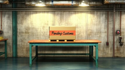 Poster - Box with Pending Customs label placed on inspection table under overhead lights