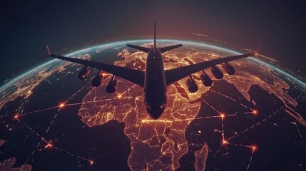 Poster - Cargo plane flying over a digital globe with arrows indicating global delivery paths