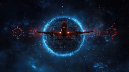 Poster - Cargo plane flying over a digital globe with arrows indicating global delivery paths
