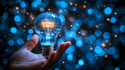 Poster - Glowing light bulb floating above palm against dark background with blue bokeh lights and magical sparkles, symbolizing innovation and creative ideas.