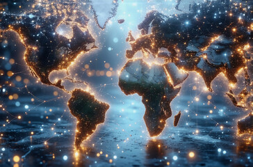 Poster - Illuminated world map with glowing lights outlines continents and oceans, representing global connectivity and digital networks in a modern style.