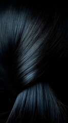 Poster - Silky black hair strands with blue highlights flowing in elegant curves against dark background, creating dramatic contrast and shine for beauty and fashion concepts.