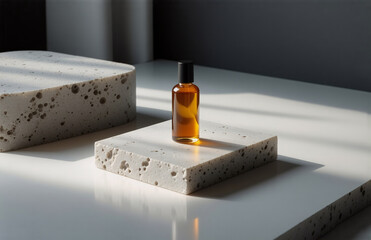 Aufkleber - a minimalist composition of an amber bottle with a black cap placed on a textured stone platform und