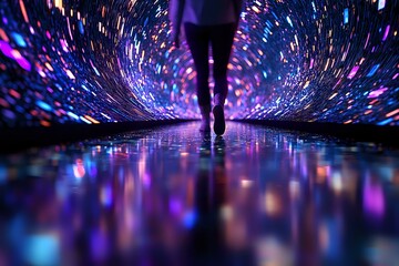 Poster - Silhouette of person walking through tunnel with spectacular light show creating colorful reflections on wet floor, purple and blue neon lights bursting outward.