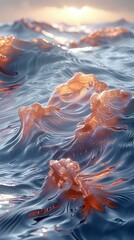 Poster - Ethereal ocean waves in golden sunset light creating abstract patterns and textures on water surface, with rippling reflections and flowing liquid forms.