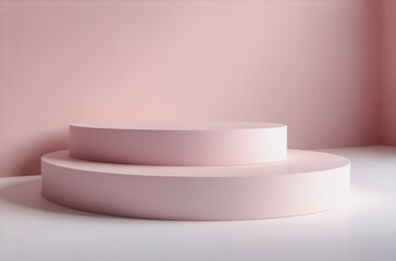 Aufkleber - Simple light pink two-tier round podium on white floor against a pink wall. Minimal stage for product display or presentation.