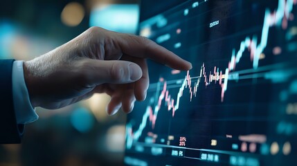 Poster - Male hand pointing at financial chart on digital screen showing market growth trends and stock analysis data visualization in dark blue modern office environment.
