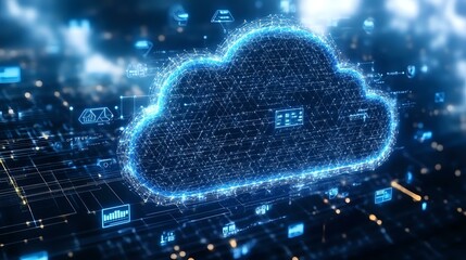 Poster - Digital cloud computing concept with glowing blue wireframe cloud shape on dark technology background with network connections and data flow.