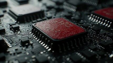 Poster - Close-up of a Circuit Board with Red Microchips