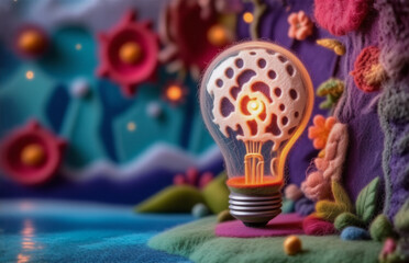 Aufkleber - a glowing bulb, sculpted with unique details, sits amidst colorful, textured forms, near water and v