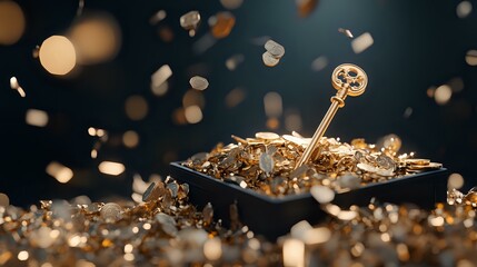 Poster - Golden key resting on pile of scattered keys in black box with magical bokeh lights and floating particles, creating mysterious atmosphere for security concept.