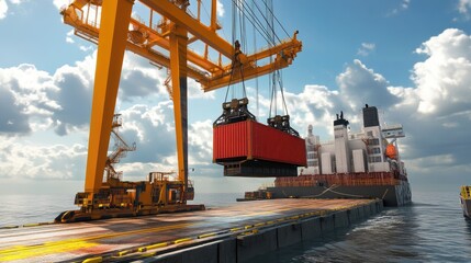 Poster - Port crane lowering container onto ship in smooth precision motion