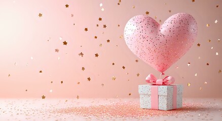 Poster - Pink heart balloon floating above silver gift box with bow on pink background with golden stars and glitter, romantic festive celebration setup.