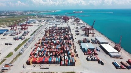 Poster - Port terminal with long rows of containers lined for export and import processing