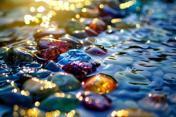 Poster - Colorful wet pebbles and stones with golden sunlight reflections on rippling water surface creating magical bokeh effect and dreamy atmosphere.