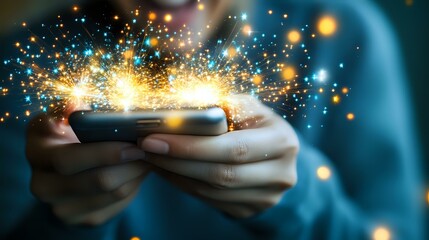 Poster - magical glowing sparkles burst from smartphone screen held in hands against dark background, creatin