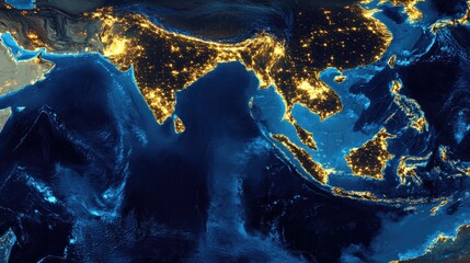 Poster - Satellite image of earth with illuminated trade lanes representing shipping networks